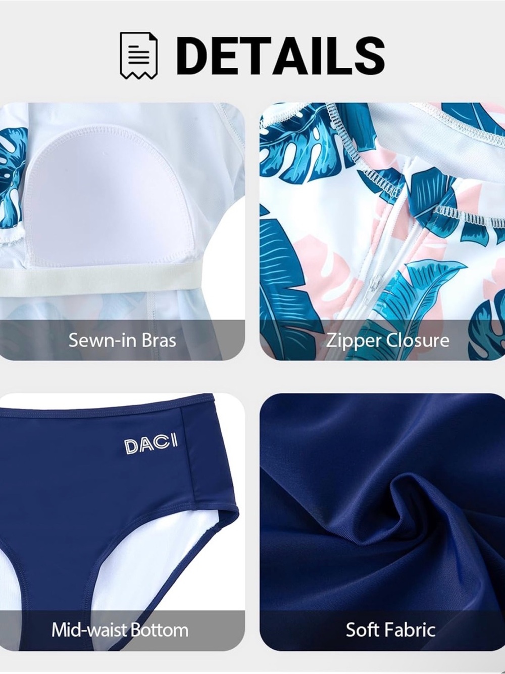 Long-Sleeve Pink Tropical Leaf Rash Guard Swim Suit with Navy Bottoms - Size M - Picture 5 of 6